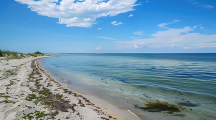 Obraz premium Beautiful sea view with waves, clear blue sky and beach sand