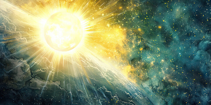 Light of the World: The Radiant Sun and Darkened Earth - Imagine Jesus as a radiant sun shining light on a darkened earth, illustrating his role as the light of the world. 