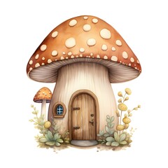 Watercolor mushroom house. Hand drawn illustration isolated on white background.