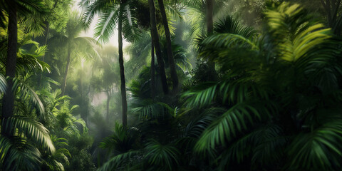 Naklejka premium Wild tropical jungle forest park tree landscape. Adventure travel risky explore trip background landscape.