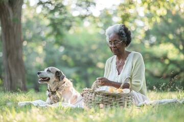 Elderly African American woman with a dog, picnicking in a park.