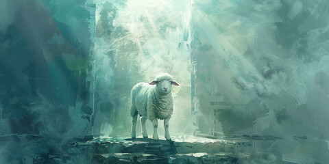 Lamb of God: The Innocent Lamb and Sacrificial Altar - Visualize Jesus as an innocent lamb standing before a sacrificial altar, illustrating his role as the Lamb of God. - obrazy, fototapety, plakaty