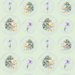Seamless pattern with hedgehog, flowers and bubbles