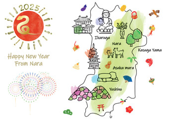 Fototapeta na wymiar 奈良県の観光地のイラストマップ年賀状2025年