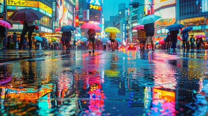 Rainy Cityscape with Vibrant Neon Reflections