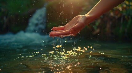 A person is holding their hand in a river and water is flowing over it.