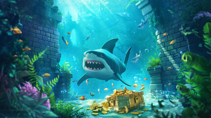 Big shark on the underwater and take care the gold coin, Illustration.
