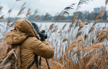 A photographer is taking photos of reeds by the lake, wearing beige down jacket and carrying professional cameras on their backs.