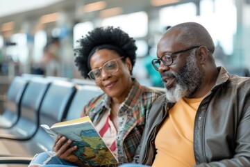 An African American elderly couple reading a map in an airport waiting area.