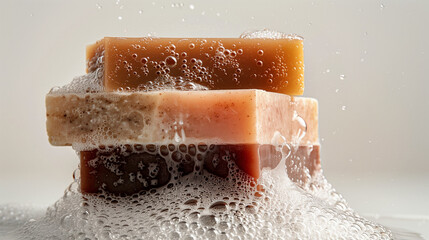 A photo of three soaps stacked, close-up.  White background. Raw graphic photos. Cosmetics advertising materials.