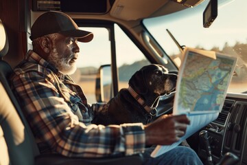 African American elderly man reading a map inside an RV with a black dog beside him.