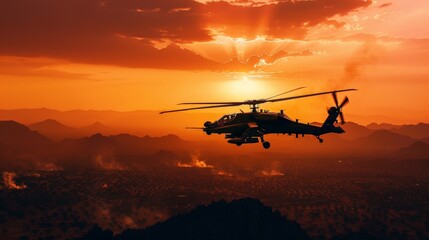 A commanding view of an Apache helicopter hovering over a rugged terrain, its silhouette sharply outlined against the fiery hues of the sunset, weapons bristling and ready for deployment.