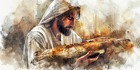 Bread of Life: The Loaf of Bread and Fish - Imagine Jesus with a loaf of bread and fish, illustrating his role as the bread of life - obrazy, fototapety, plakaty