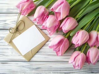 Pink Tulips and a blank gift card on a light wooden background with copyspace