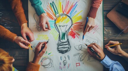 A creative workshop setting with a large sketchpad, where team members collectively draw and add to the depiction of a lightbulb