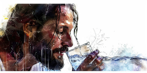 Living Water: The Flowing Stream and Cup - Visualize Jesus with a flowing stream and a cup, illustrating his role as the source of living water. 