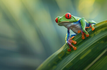 Redeyed tree frog perched on the leaf of an exotic plant in a rainforest