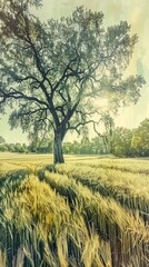 large tree field wheat gorgeous tone mapping artifacts canvas day colored attribution summer afternoon - obrazy, fototapety, plakaty