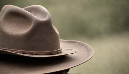 Cowboy hat on a wooden table in the countryside. Selective focus.