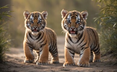 View of ferocious wild tiger cubs in nature in jungle