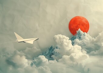 paper airplane flying mountain red moon clouds panoramic wings swan sun infused dream old internet - obrazy, fototapety, plakaty