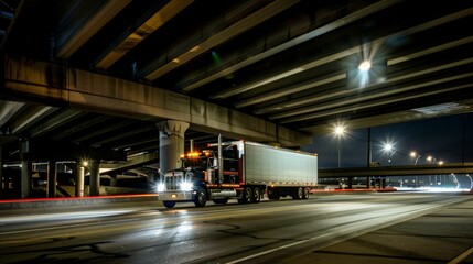 A night scene of a truck passing under freeway overpasses, the overhead lights creating a rhythmic pattern of illumination and shadow, highlighting the non-stop nature of the trucking world.