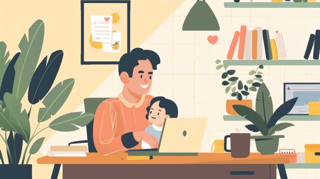 A parent multitasking in a home office, juggling work on a laptop and spending time with their child, highlighting the work-life balance remote work can offer.