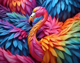 Fototapeta premium a bunch of flamingos made of colorful rainbow feathers