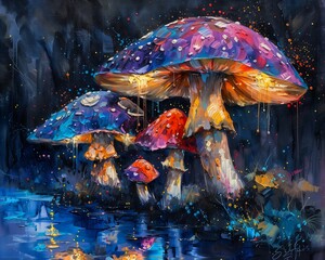 mushrooms forest pond pouring rain blue wall taking mind altering drugs mycology - obrazy, fototapety, plakaty
