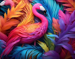 Fototapeta premium a bunch of flamingos made of colorful rainbow feathers