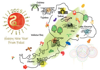 福井県の観光地のイラストマップ年賀状2025年