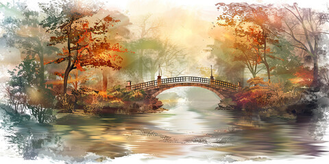 Faith: The Bridge and Crossing River - Visualize a bridge crossing a river, illustrating the concept of faith as a pathway to understanding - obrazy, fototapety, plakaty