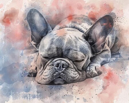 A watercolor painting of a French bulldog sleeping.