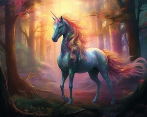 A unicorn with rainbow hair and blue skin stands in a magical forest.