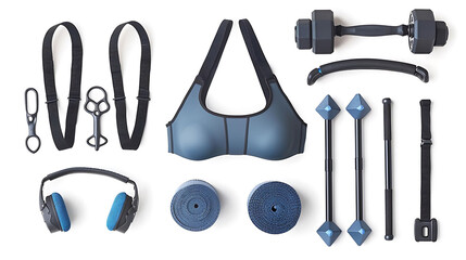 fitness fusion equipment including black headphones, a blue speaker, and a black handle on a isolat