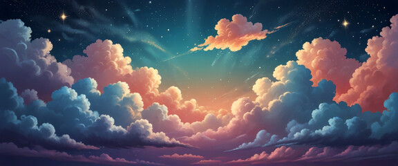 Fancy background of the sky with glitter fluffy clouds - obrazy, fototapety, plakaty