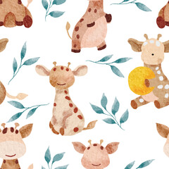 Cute Watercolor Giraffe Illustration Seamless Pattern