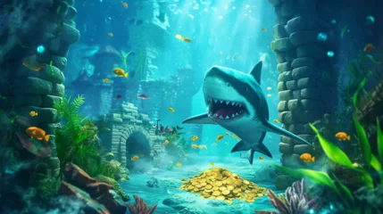  Big shark on the underwater and take care the gold coin, Illustration. © AI-Stocks