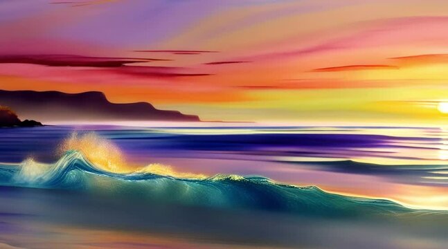 seascape with the sun setting over the ocean waves, all depicted in the luminous, flowing colors of alcohol ink. (60 fps 8 sec)