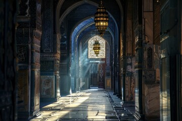 Islamic picture in black. into the interior of the Islamic mosque. Muslim Holy Month Ramadan Kareem .Ramadan Mubarak beautiful greeting card . Abstract background islamic - generative ai