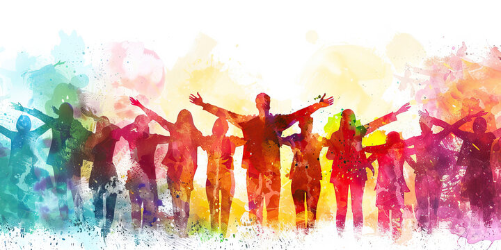 Community: The Gathering of People and Open Arms - Visualize a diverse group of people coming together with open arms, illustrating the sense of community found in religion