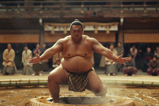 Plus size sumo wrestler in traditional clothing performing a sumo ritual before a match in a sumo arena with spectators in the background