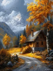 Foto op Aluminium cabin woods mountain background warm rendition seasons emotion buff computer illusion hidden swedish houses yellow color © Cary