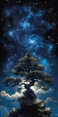 man sitting rock tree foreground galaxies stars visible perched sky high view interconnected human interpretation avatar spiraling upward