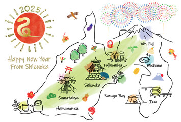 静岡県の観光地のイラストマップ年賀状2025年