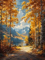 scenic scene lake trees scattered golden flakes coherent brilliant peaks silver yellow immaculate shading forests - obrazy, fototapety, plakaty