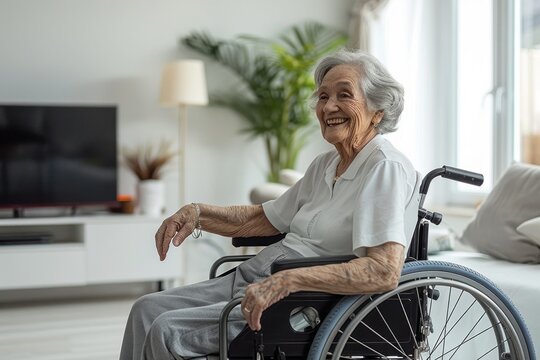 A portrait of a smiling elderly Caucasian woman sitting in a wheelchair in a bright and airy living room.