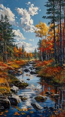 stream forest trees rocks warm rendition autumn full reflections wyoming korean furry waterways young
