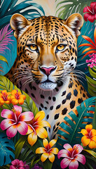 Beautiful leopard peering out of tropical flowers in jungle