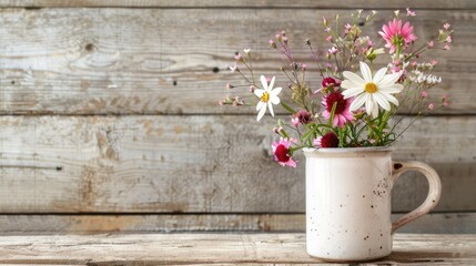 A charming arrangement of wild flowers placed in a rustic white mug set against a wooden backdrop creates the perfect template for a postcard with ample space for text This captivating imag - obrazy, fototapety, plakaty